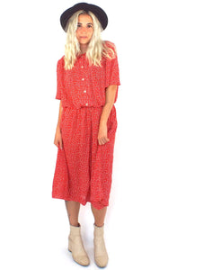 Vintage 80s Red and White Buttondown Cinched Waist Midi Dress