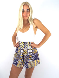 Vintage 70s High-Waisted Blue and Yellow Patchwork Print Shorts -- Size 25