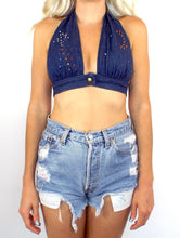 Load image into Gallery viewer, Vintage 70s Denim Star and Moon Rhinestone Halter Top