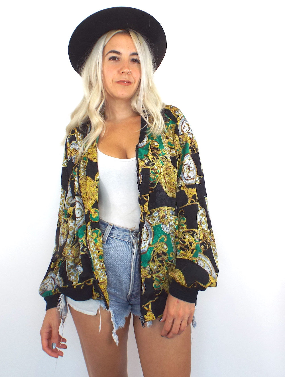 Vintage 80s Baroque-Style Clock Print Bomber Jacket – Total Recall