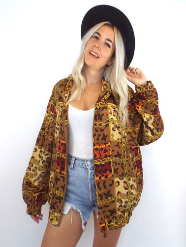 Vintage 90s Silk Baroque-Syle Leopard and Chain Print Bomber Jacket