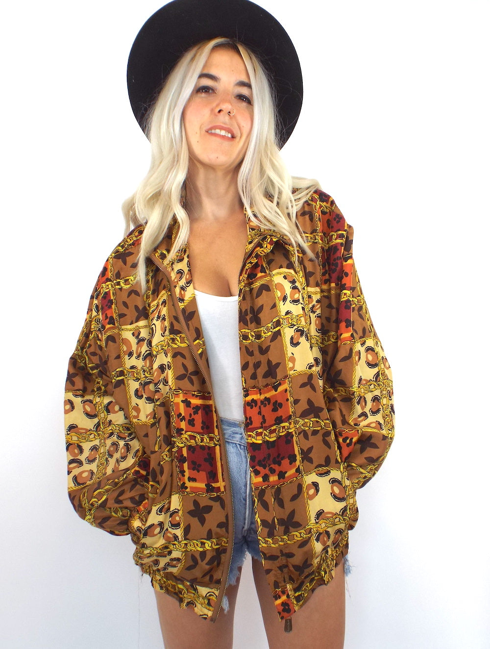 Vintage 90s Silk Baroque-Syle Leopard and Chain Print Bomber