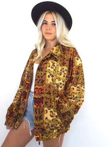 Vintage 90s Silk Baroque-Syle Leopard and Chain Print Bomber Jacket
