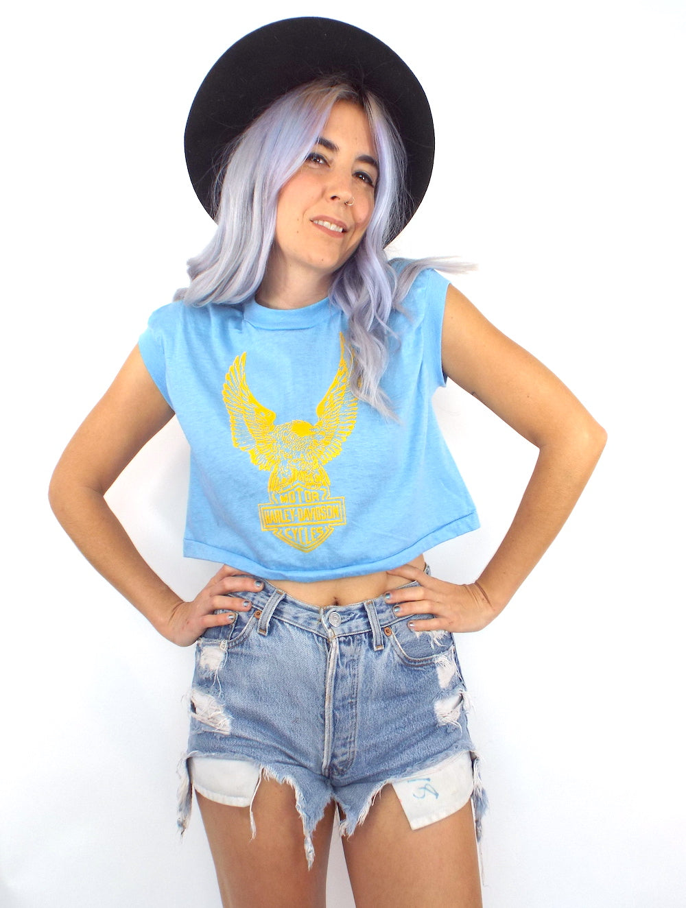 Vintage 80s Harley-Davidson Baby Blue Eagle Cropped Muscle Tee