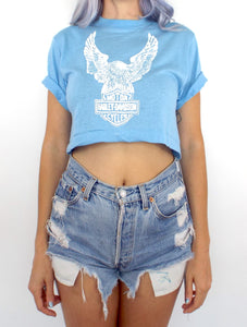 Vintage 80s Harley-Davidson Baby Blue and White Eagle Cropped Tee