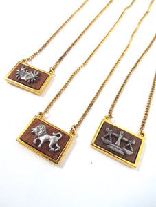 Vintage 70s Faux Gold and Wood Zodiac Charm Necklace - Cance,r, Leo, Libra