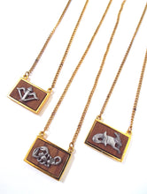 Load image into Gallery viewer, Vintage 70s Faux Gold and Wood Zodiac Charm Necklace - Sagittarius, Scorpio, Capricorn