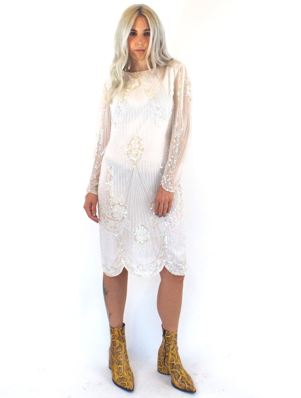 Vintage 80s White Sequined and Beaded Midi Dress Total Recall Vintage Vintage 80s White Sequined and Beaded Midi Dress Total Recall Vintage