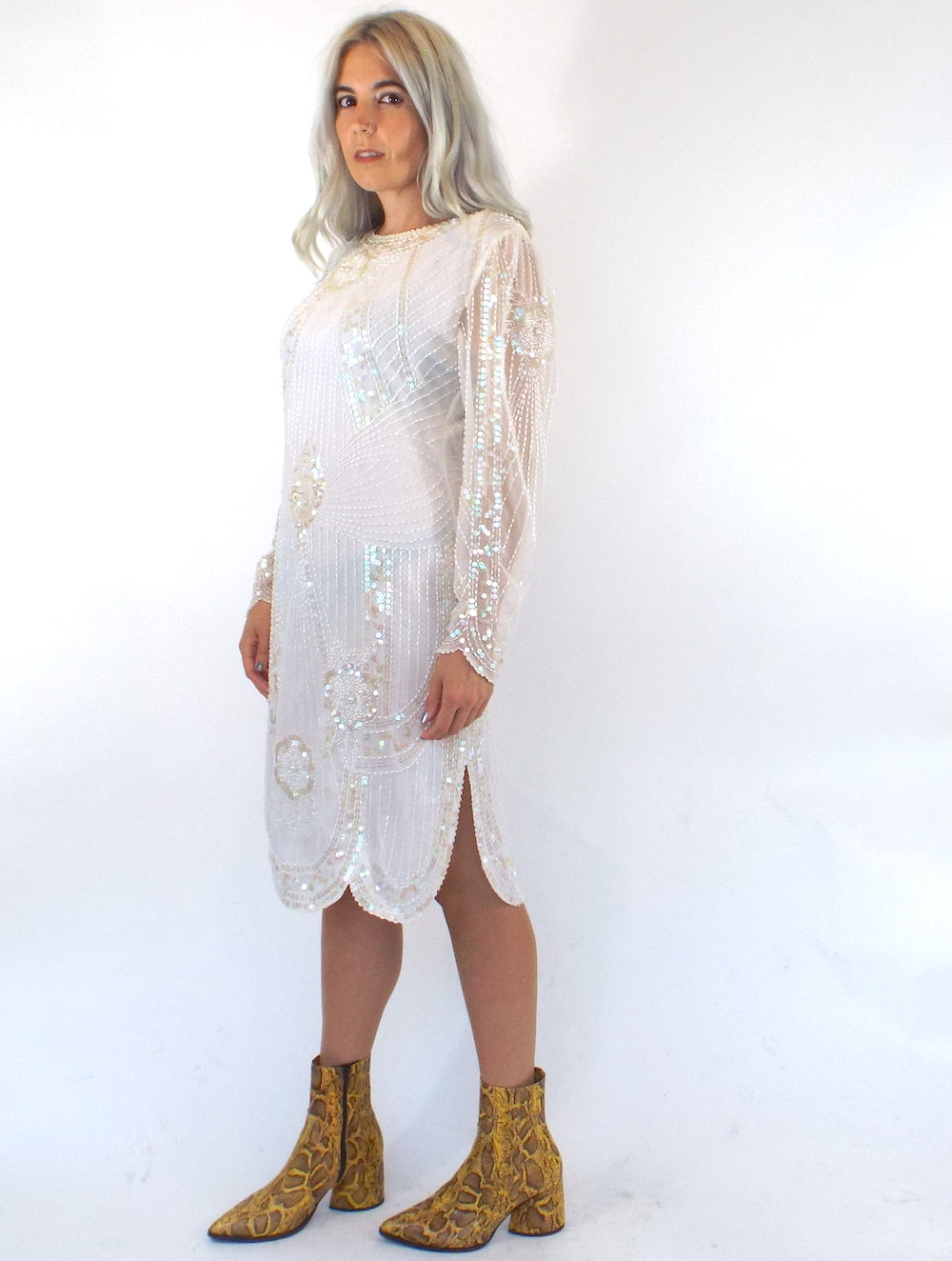 vintage beaded midi dress Vintage Ben De Lisi Pink Y2K Silk Beaded Midi Dress Size UK 12