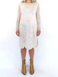 Vintage 80s White Sequined and Beaded Midi Dress