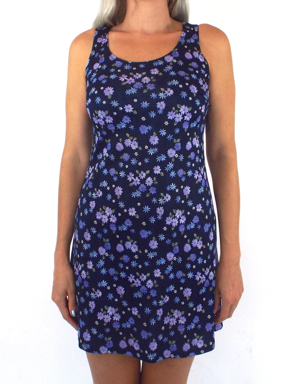 Vintage 90s Purple and Blue Floral Print Mini Dress Vintage 90s Purple and Blue Floral Print Mini Dress