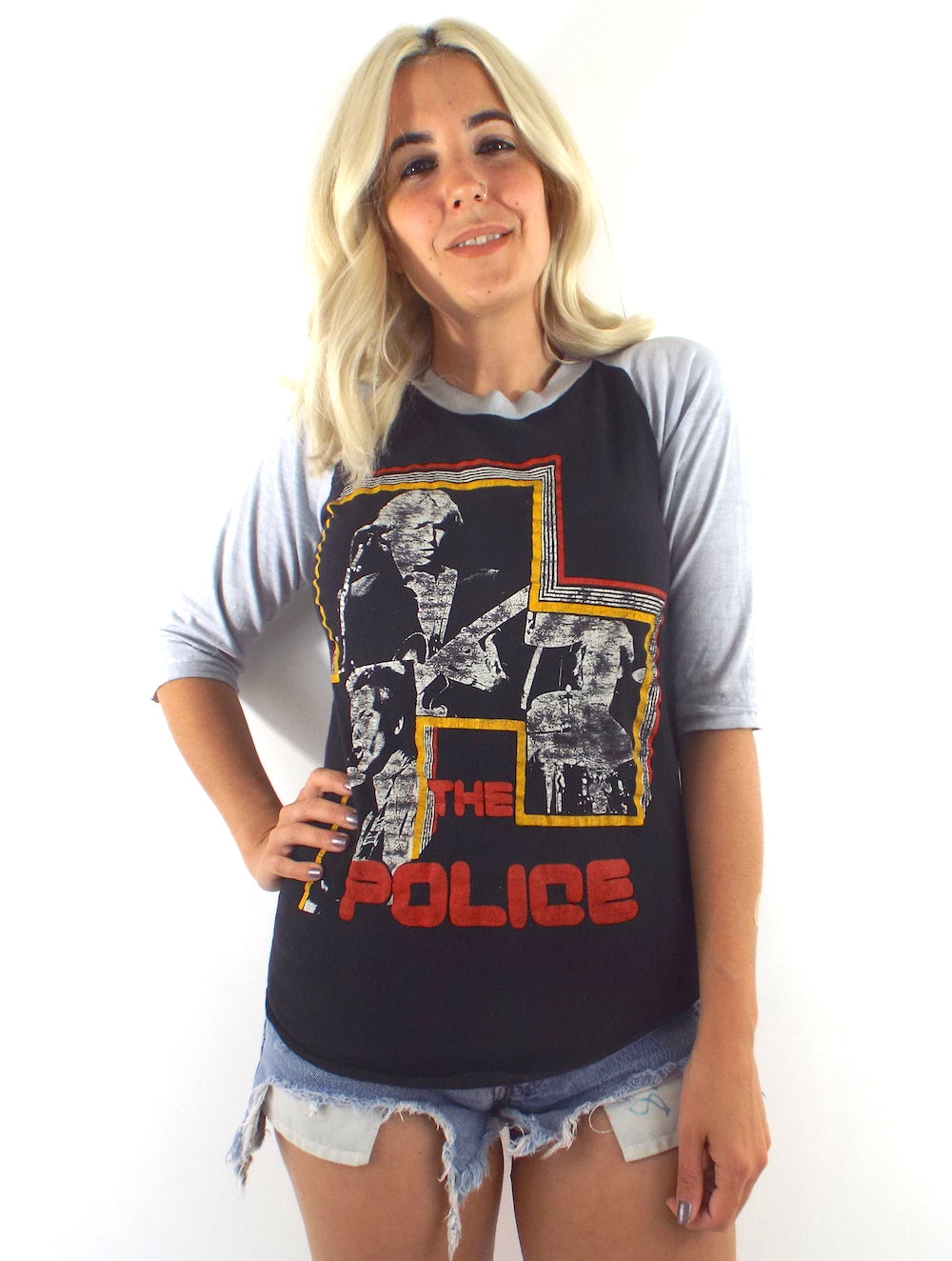 Vintage 80s Distressed Black and Grey The Police Baseball Tee