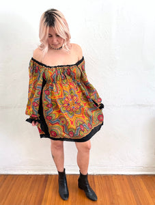 Vintage 70s Colorful Paisley Print Bell Sleeve Dress