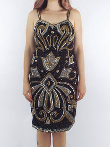 Vintage 80s Silk Gold and Silver Sequined and Beaded Dress