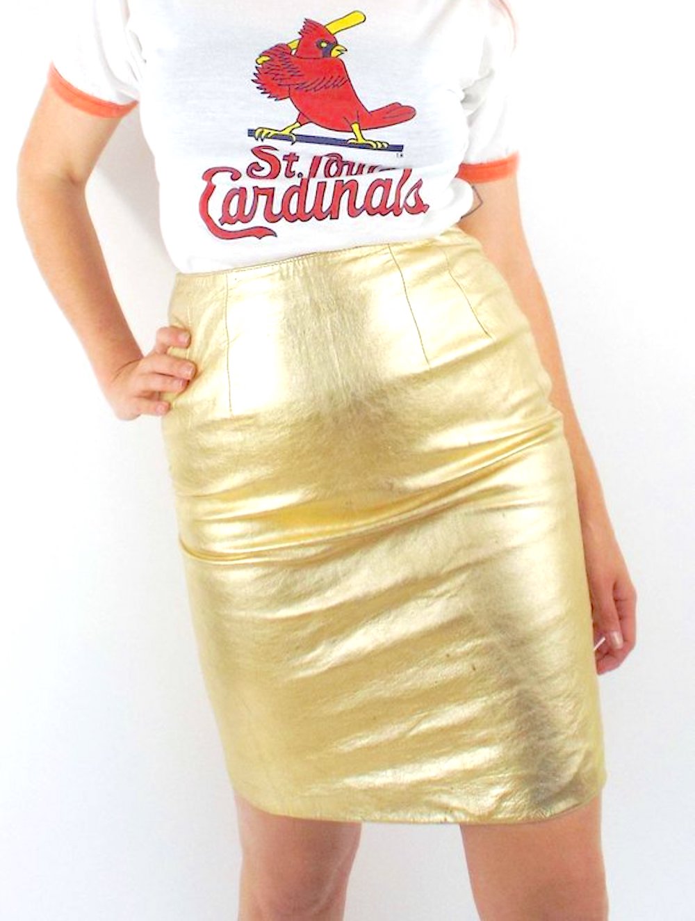 Vintage High Waisted Metallic Gold Leather Pencil Skirt -- Size 26