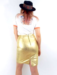 Vintage High Waisted Metallic Gold Leather Pencil Skirt -- Size 26