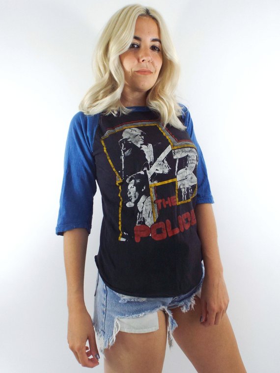 Vintage 80s Distressed Black and Blue The Police Baseball Tee