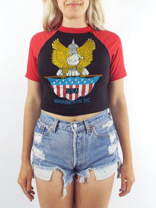 Vintage Deadstock 70s Washington DC Red and Black Cropped Eagle Ringer Tee - Size Extra Small/Small