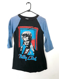 Vintage 80s Black and Blue Billy Idol White Wedding Baseball Tee Size Medium