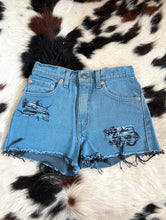Load image into Gallery viewer, Vintage 90s Teal Shredded High-Waist Levi&#39;s Cut-Off Shorts -- Size 27