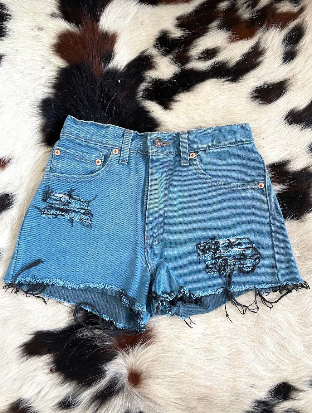 Vintage 90s Teal Shredded High-Waist Levi's Cut-Off Shorts -- Size 27
