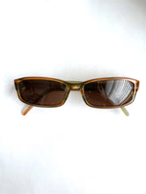 Load image into Gallery viewer, Vintage brown, orange and green square frame sunglasses with dark tinted lenses.
