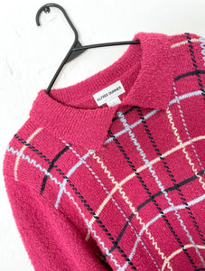 Vintage 80s Magenta Collared Plaid Design Graphic Sweater