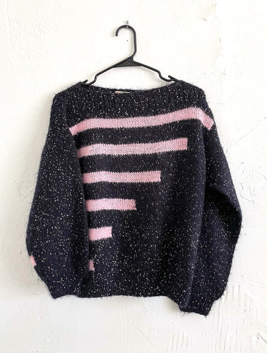 Vintage 80s Baby Pink and Black Striped Graphic Sweater