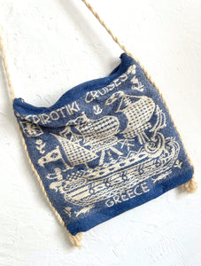 Vintage Blue and White Woven Ship Design Crossbody Bag