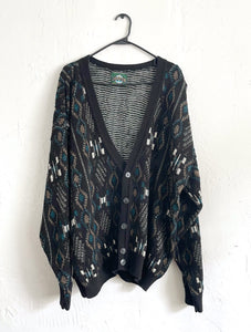 Vintage 90s Black and Teal Abstract Print Cozy Knit Cardigan