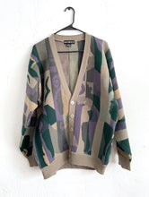 Load image into Gallery viewer, Vintage 80s Purple Green and Brown Abstract Print Cozy Knit Cardigan