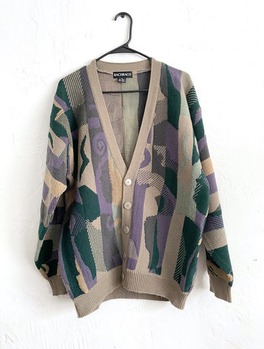 Vintage 80s Purple Green and Brown Abstract Print Cozy Knit Cardigan