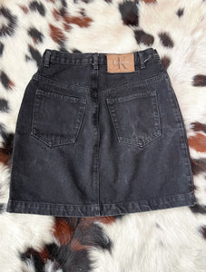 Vintage 90s Calvin Klein High-Waist Button Front Black Denim Mini Skirt -- Size 28