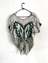 Load image into Gallery viewer, Social Butterfly Vintage 80s Green and Silver Silk Sequined Party Top