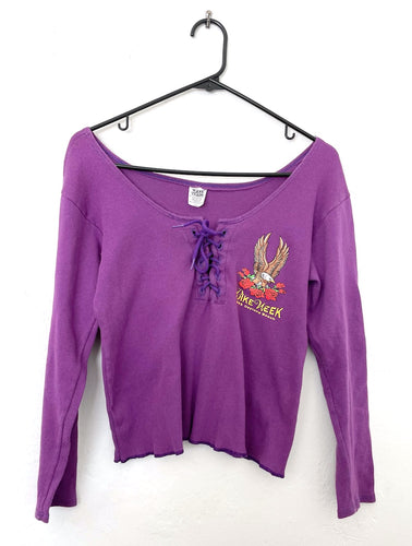 Vintage 90s Purple Long Sleeve Lace-Up Eagle And Rose Bike Week Tee
