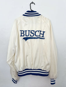 Vintage 80s White and Blue Busch Satin Varsity-Style Jacket