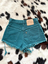 Load image into Gallery viewer, Vintage 90s Teal High-Waist Levi&#39;s Cut-Off Shorts -- Size 28