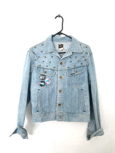 Load image into Gallery viewer, Decadence is a Way of Life Spiked Vintage 90s Denim Jacket with Cute Retro Pins