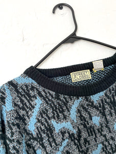 Vintage 80s Cozy Oversized Black and Blue Abstract design Graphic Sweater