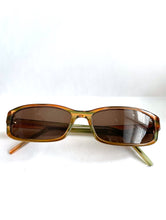 Load image into Gallery viewer, Vintage brown, orange and green square frame sunglasses with dark tinted lenses.