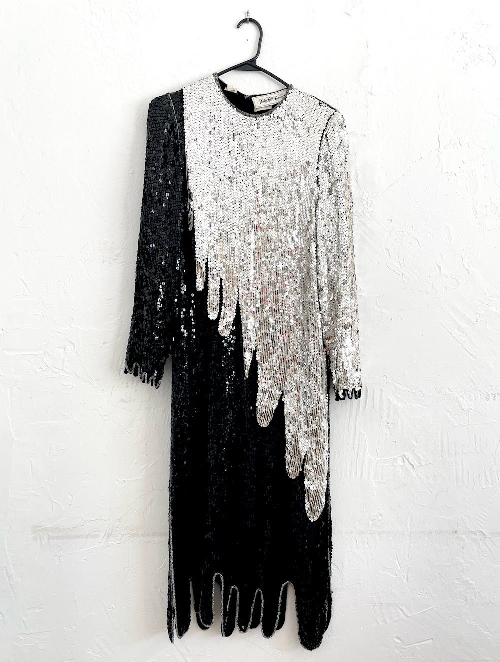 Vintage 80s Silk Black and Silver Sequined and Beaded Midi Dress