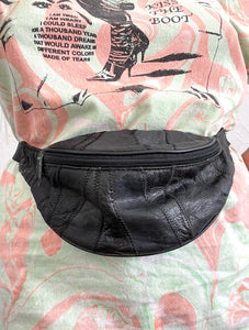 Vintage Tinder Leather Patchwork Black large bum bag Hip Fanny Pack 80s  travel