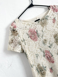 Vintage 90s Cream Lace Floral Print Dress