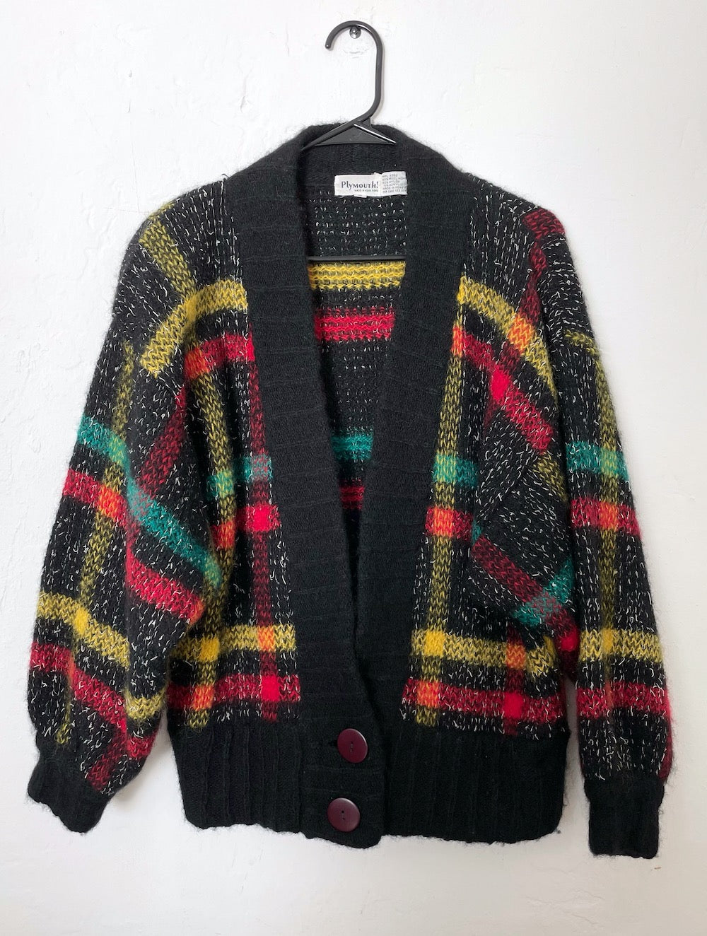 Vintage 80s Chunky Knit Black and Plaid Cardigan