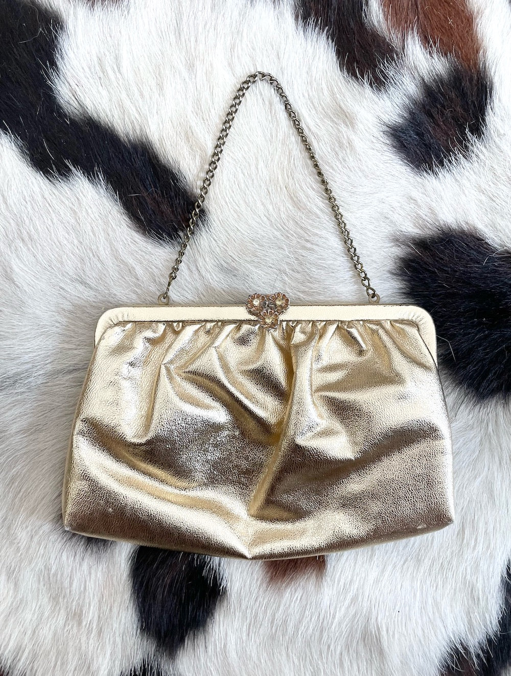 Vintage 70s Gold Floral Clasp Evening Bag