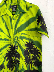Vintage Y2K Lime Green Tie Dye Palm Tree Design Button Down Top