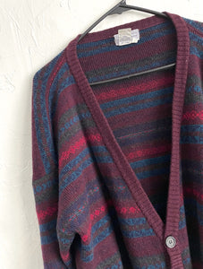 Vintage 80s Burgundy Striped Cozy Knit Wool Cardigan
