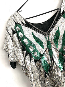 Social Butterfly Vintage 80s Green and Silver Silk Sequined Party Top