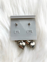 Load image into Gallery viewer, Vintage Faux Silver Dangling Puffy Heart Earrings