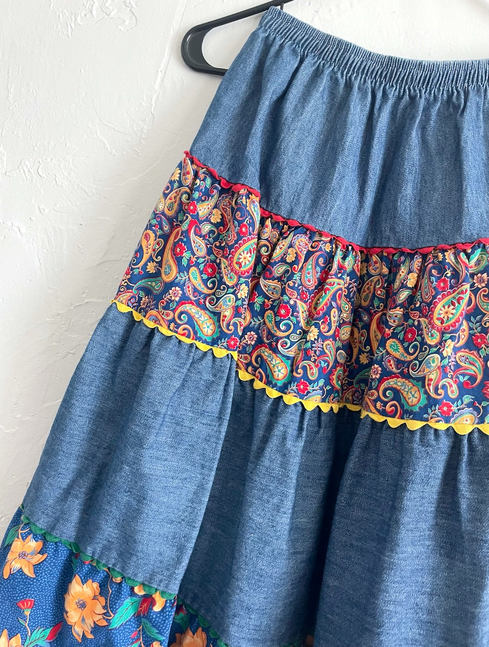 Vintage 70s Floral and Paisley Print Denim Maxi Skirt -- Size 